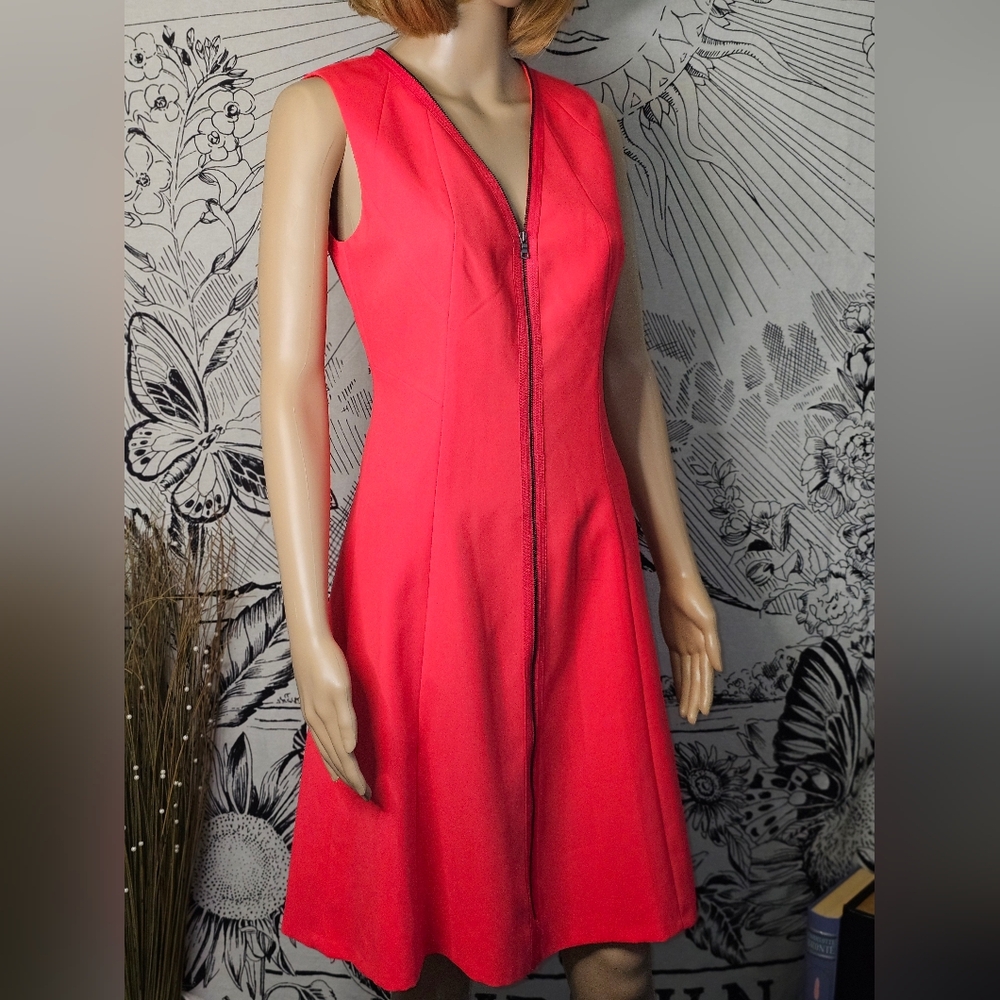 NWT Tahari Sleeveless, Zip-front A-line Midi "Lucine" Dress Coral Color